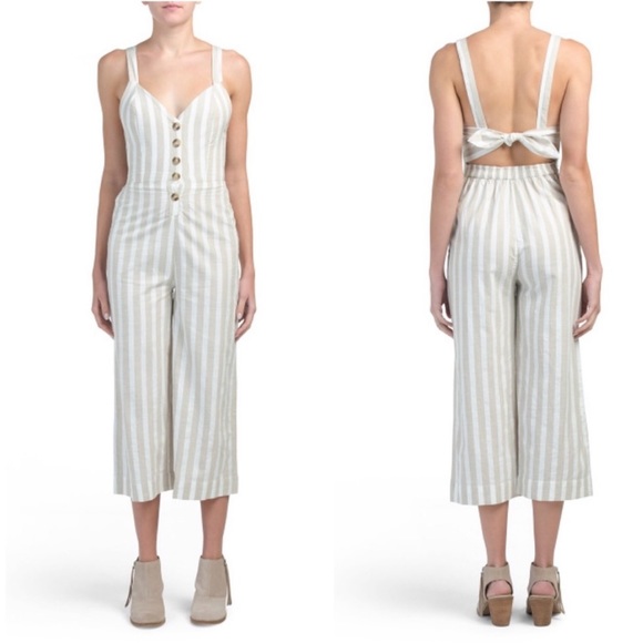 JAPNA Khaki Stripe Linen Romper Jumpsuit Boho Kawaii Bow Back Overall Pant Tie S - Picture 1 of 14